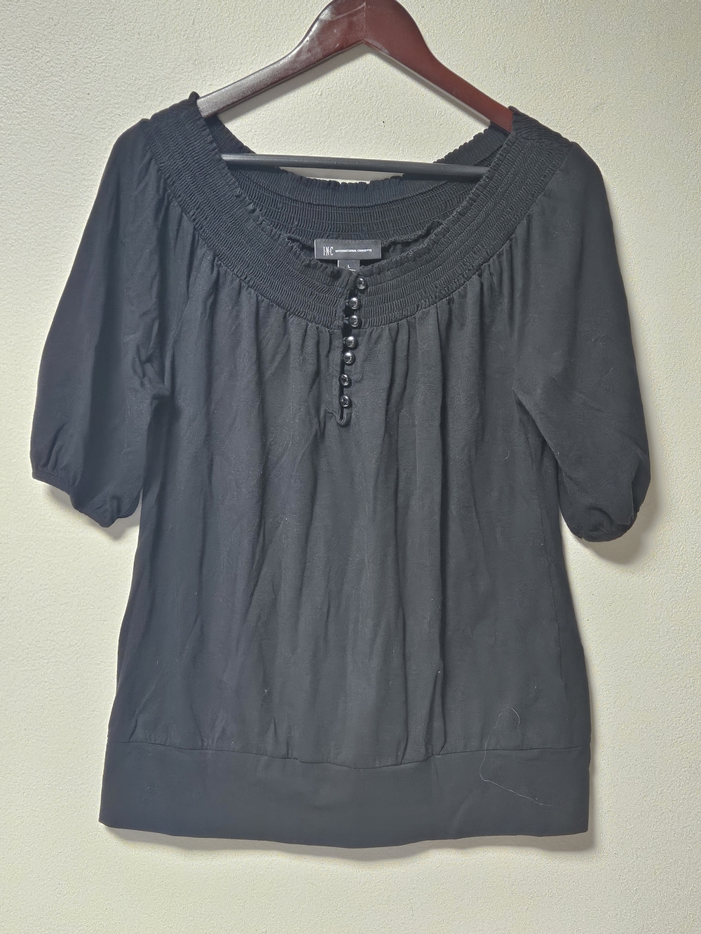 INC International Concepts Black Smocked Square-Neck Puff Sleeve Blouse